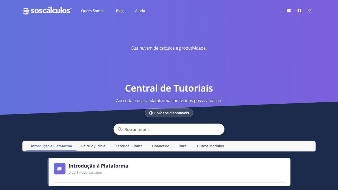 Central de Tutoriais da SOS Cálculos com busca e categorias de vídeos